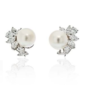 Platinum Pearl And 6 Carats Diamond Estate Earrings